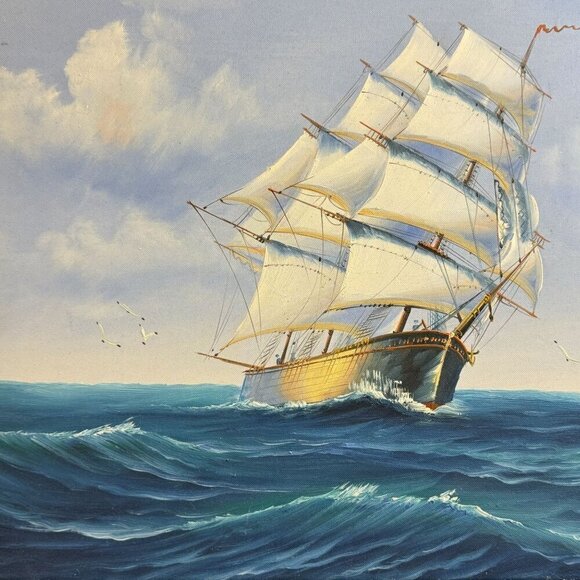2006 Classic Sailing Ship Artwork on Canvas Oil Painting Framed Size 28" x 24" - Picture 10 of 15